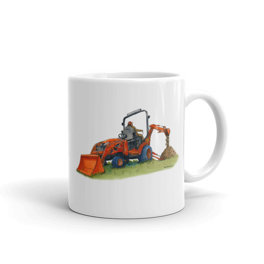 White glossy mug - orange tractor